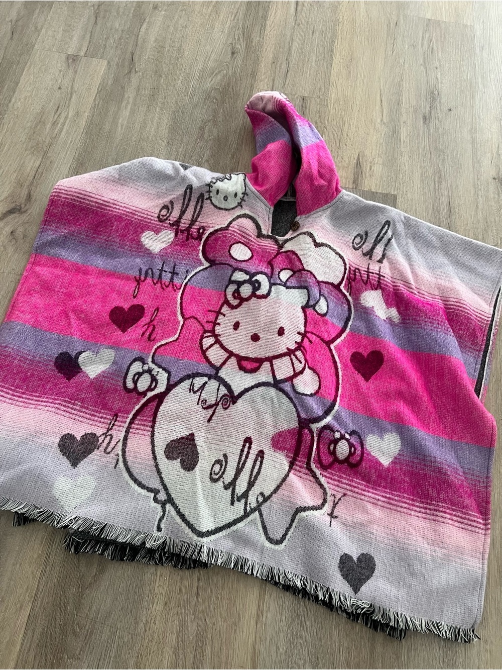 Hello Kitty Hooded Kids Poncho in Pink and Gray Stripe